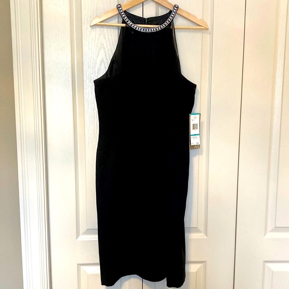 NWT. Jones New York LUXE black halter dress with sheer pleaded neckline. Size 16